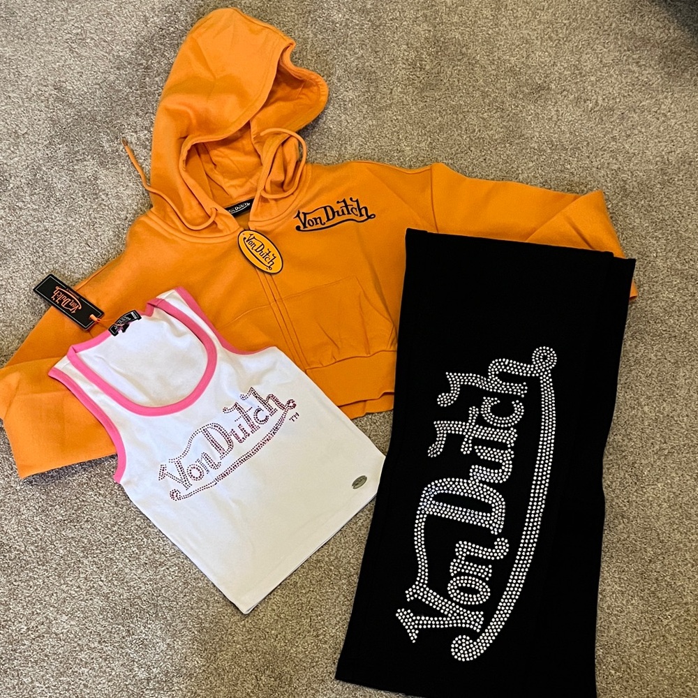 Von Dutch cropped Hoodie, Tank w: rhinestones & sweatpants w/ rhinestones bundle